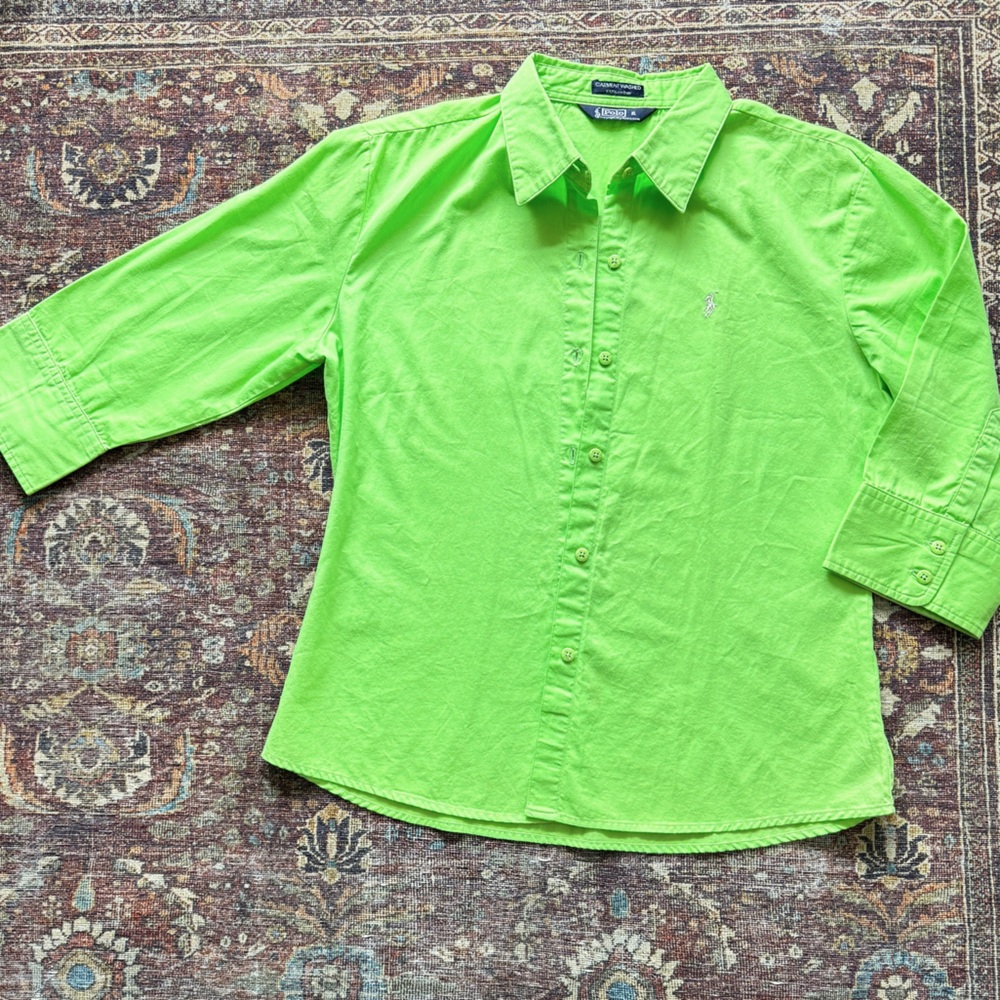 Green Ralph Lauren Polo Three-Quarter Sleeve Button-Up - Prep Style 100% Cotton